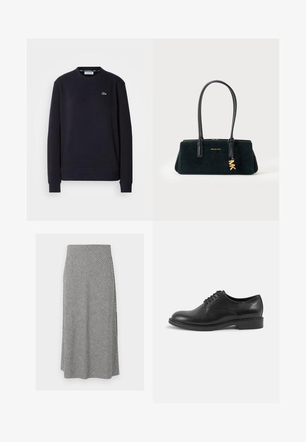 Simpel sort langærmet Lacoste sweatshirt med rund hals og broderet grønt krokodillelogo på venstre bryst mod hvid baggrund.; Sort-hvid ternet A-formet midi-nederdel med høj talje og glat tekstur, vist mod en ensartet lys baggrund.; Sorte læder dress sko med rund tå, snørelukning og flad gummisål. Glat tekstur med minimale detaljer.; Sort rektangulær Michael Kors håndtaske med dobbelte håndtag og guld MK-logo vedhæng hængende på ét håndtag.