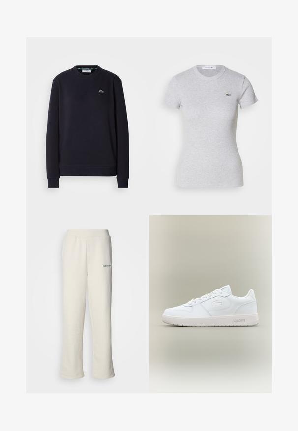 Effen zwarte lange mouwen Lacoste crewneck sweatshirt met geborduurd groen krokodillenlogo op de linkerkant van de borst tegen een witte achtergrond.; Lichtgrijs aangesloten t-shirt met korte mouwen, een ronde hals en een klein groen Lacoste krokodillenlogo op de linkerborst.; Calvin Klein cremekleurige sweatpants met een losse pasvorm, elastische tailleband en klein groen logo aan de linkerkant. Zachte, gladde textuur.; Witte leren sneaker met een gladde afwerking, ronde neus, vetersluiting en een subtiel reliëflogo aan de zijkant. Beschikt over een rubberen zool.