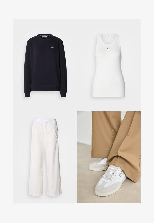 Simpel sort langærmet Lacoste sweatshirt med rund hals og broderet grønt krokodillelogo på venstre bryst mod hvid baggrund.; Hvid ærmeløs tanktop med rund halsudskæring og ribbet tekstur. Har et lille grønt Lacoste krokodillelogo på brystet.; Hvide brede bukser med elastisk talje og et kontrasterende Calvin Klein-logo. Fremstillet af glat stof, giver de en afslappet pasform.; Hvide sneakers med ruskinddetaljer, strukturerede snørebånd og gummisål. Kombineret med løse, brune bukser. Logoet er vist på siden.