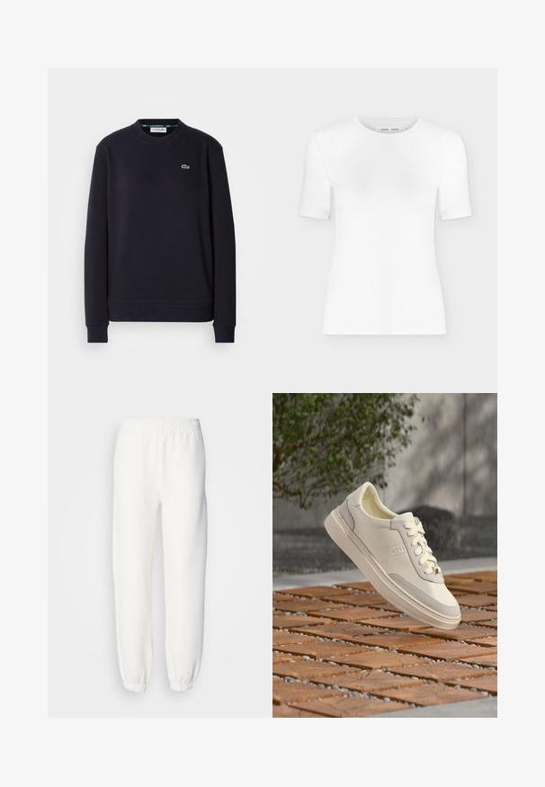 Simpel sort langærmet Lacoste sweatshirt med rund hals og broderet grønt krokodillelogo på venstre bryst mod hvid baggrund.; Hvid T-shirt med rund hals, korte ærmer, slank pasform og ribbet stofstruktur, vist på en ensfarvet lys grå baggrund.; Hvide sweatpants lavet af blød, strikket stof. Elastisk talje og manchetter giver en afslappet pasform. Minimalistisk design, ingen synlige mønstre eller accenter.; Hvid BOSS-sneaker med snørebånd, der svæver over et mønstret træ- og småstenbund, grøn busk og grå væg i baggrunden.