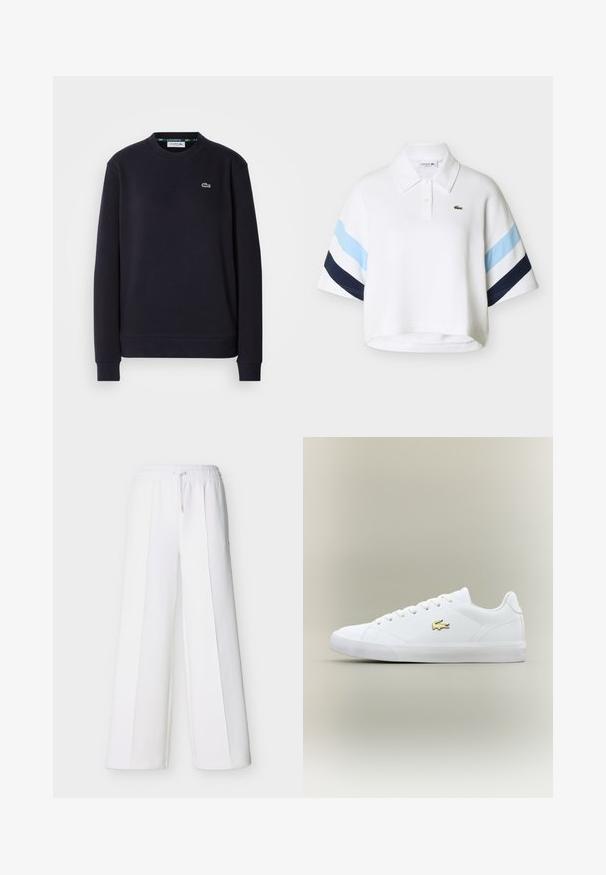 Simpel sort langærmet Lacoste sweatshirt med rund hals og broderet grønt krokodillelogo på venstre bryst mod hvid baggrund.; Hvid cropped polo skjorte med lyseblå og marineblå striber på ærmerne og lille grønt krokodillelogo på brystet.; Hvide bukser med vide ben, elastisk talje og snøre. Fremstillet af blødt stof med lodrette sømme for et skræddersyet udseende.; Hvid sneaker lavet af glat læder med en rund tå, flade snørebånd og et lille guld logo. Har en struktureret gummisål og et enkelt design.