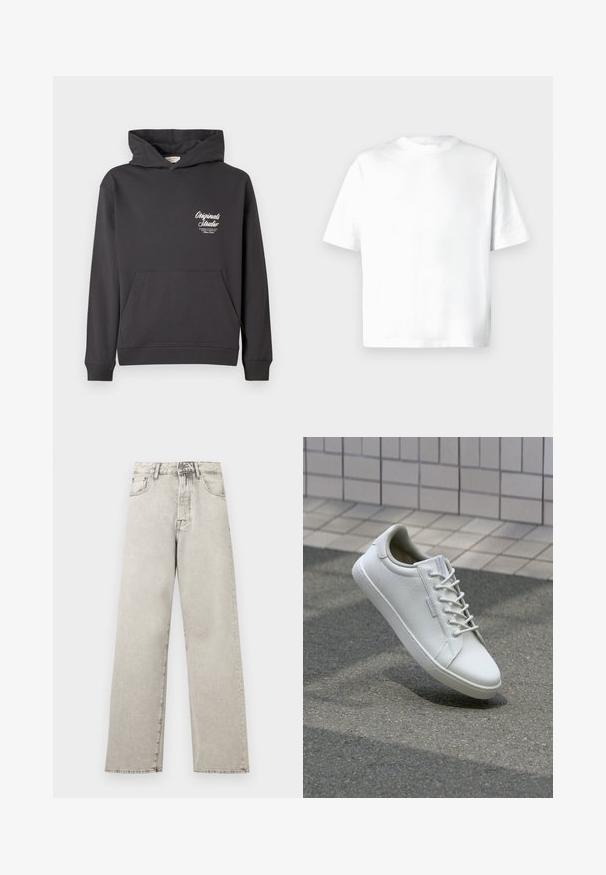 Hoodie gris avec une poche avant, capuche à cordons, manches côtelées et logo en texte blanc sur le côté gauche de la poitrine. Matériau doux en mélange de coton.; T-shirt blanc à manches courtes en coton doux, doté d'un col rond et d'une coupe décontractée sans motifs ni graphiques. Texture lisse.; Jean denim gris clair taille haute à jambes droites avec poches avant, passants pour ceinture, fermeture par bouton et zip.; Baskets blanches en cuir texturé, avec un système de laçage à l'avant, une semelle en caoutchouc robuste et un design minimaliste avec un embout renforcé.