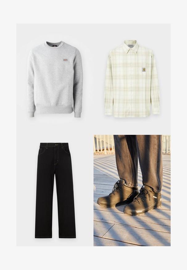 Grijze sweatshirt met een ronde hals, ribgebreide manchetten en onderrand, gemaakt van zacht katoen. Kenmerkt een klein logo op de linkerkant van de borst.; Lichtgekleurde geruite blouse met lange mouwen, knoopsluiting aan de voorkant en een borstzak met een logo-patch. Katoenen materiaal met een zachte textuur.; Zwarte denim broek met een recht model, voorzien van voorzakken, contrasterende gele stiksels en een knoopsluiting bij de taille.; Zwarte Timberland wandelschoenen hebben een hoge gloss ontwerpen, een gestructureerd oppervlak en ronde veters, tegen een achtergrond van een houten vloer.