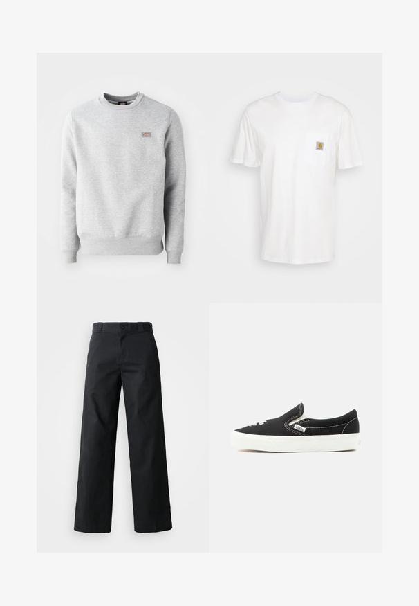 Grijze sweatshirt met een ronde hals, ribgebreide manchetten en onderrand, gemaakt van zacht katoen. Kenmerkt een klein logo op de linkerkant van de borst.; Witte katoenen t-shirt met korte mouwen, een borstzak en een klein vierkant logo-opdruk in oranje en wit op de zak.; Zwarte wijde broek van katoen. Voorzien van een knoopsluiting, riemlussen en zijzakken. Gladde textuur met een op maat gemaakte snit.; Zwarte Vans instapsneaker met witte rubberen zool, witte stiksels en elastische zijaccenten, gezien vanaf de buitenkant.
