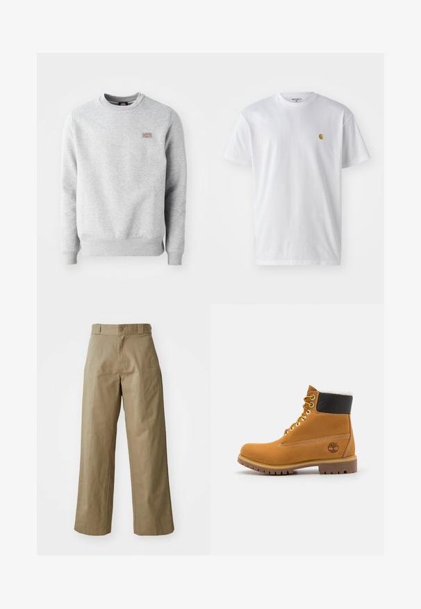 Grijze sweatshirt met een ronde hals, ribgebreide manchetten en onderrand, gemaakt van zacht katoen. Kenmerkt een klein logo op de linkerkant van de borst.; Witte katoenen t-shirt met korte mouwen en ronde hals, voorzien van een klein gouden logo op de linkerkant van de borst. Zachte textuur en een normale pasvorm.; Khaki wijde broek van katoenmixstof, met een enkele knoopsluiting en zichtbare zijzakken. Soepele textuur, kreukdetail.; Bruine leren enkellaars met metalen oogjes, witte faux bont voering, zwarte gewatteerde kraag, robuuste zool en een reliëflogo aan de zijkant.