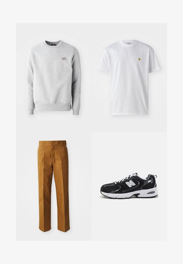 Grijze sweatshirt met een ronde hals, ribgebreide manchetten en onderrand, gemaakt van zacht katoen. Kenmerkt een klein logo op de linkerkant van de borst.; Witte katoenen t-shirt met korte mouwen en ronde hals, voorzien van een klein gouden logo op de linkerkant van de borst. Zachte textuur en een normale pasvorm.; Bruine, op maat gemaakte broeken met een gladde textuur, voorzien van een recht model, plooien aan de voorkant en een standaard tailleband.; Zwarte en grijze sport schoenen met een bovenwerk van mesh en suede, voorzien van een witte tussenzool, veters en een gedurfde "N"-logo aan de zijkant.