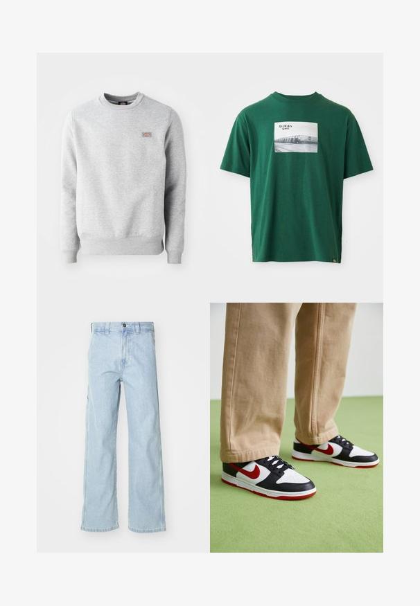 Sudadera gris con cuello redondo, puños y dobladillo acanalados, hecha de un suave material de algodón. Presenta un pequeño logo en el lado izquierdo del pecho.; Camiseta de algodón verde con mangas cortas, que presenta un gráfico cuadrado impreso de una foto en blanco y negro y un logo en el frente.; Jeans de mezclilla azul claro con un corte relajado, presentan una cintura alta, bolsillos frontales y un diseño de pierna recta. Las superficies tienen una textura suave.; Las zapatillas Nike Dunk presentan un diseño de cuero negro con acentos rojos y un swoosh blanco. La suela es roja, con una puntera blanca texturizada.