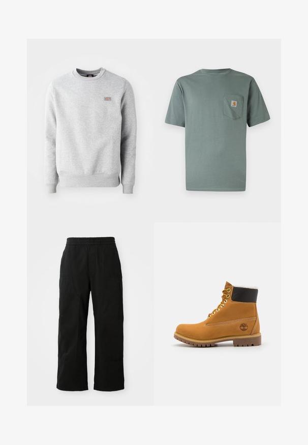 Grijze sweatshirt met een ronde hals, ribgebreide manchetten en onderrand, gemaakt van zacht katoen. Kenmerkt een klein logo op de linkerkant van de borst.; Lichtgroen katoenen T-shirt met korte mouwen en een borstzakje met een logo. Zachte textuur en klassieke ronde hals.; Zwarte katoenen broek met een elastische tailleband, wijd gesneden ontwerp en grote zijzakken. De stof lijkt zacht met een gladde textuur.; Bruine leren enkellaars met metalen oogjes, witte faux bont voering, zwarte gewatteerde kraag, robuuste zool en een reliëflogo aan de zijkant.