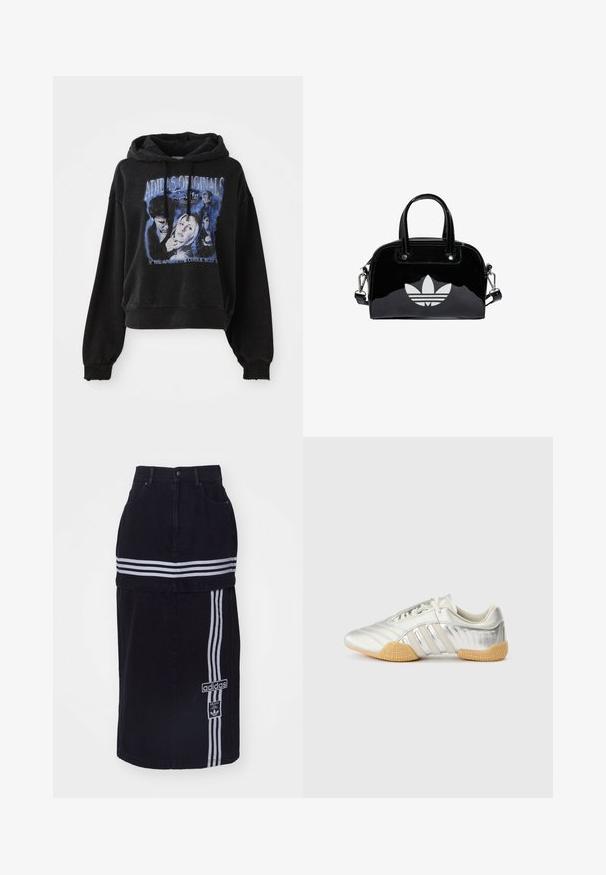 Sudadera corta negra de algodón con capucha ajustable. Presenta un estampado gráfico en azul que representa personajes y texto.; Falda de mezclilla negra con cintura alta, que presenta dos rayas horizontales blancas, una etiqueta con el logo de Adidas en el lateral y un diseño de corte recto.; Zapatilla deportiva plateada con parte superior de cuero suave, suela de goma y detalles texturizados. Presenta un diseño curvado y cordones tonales.; Bolso de mano de charol negro con forma redondeada, dos asas en la parte superior, acentos plateados y un prominente logotipo blanco en la parte delantera.