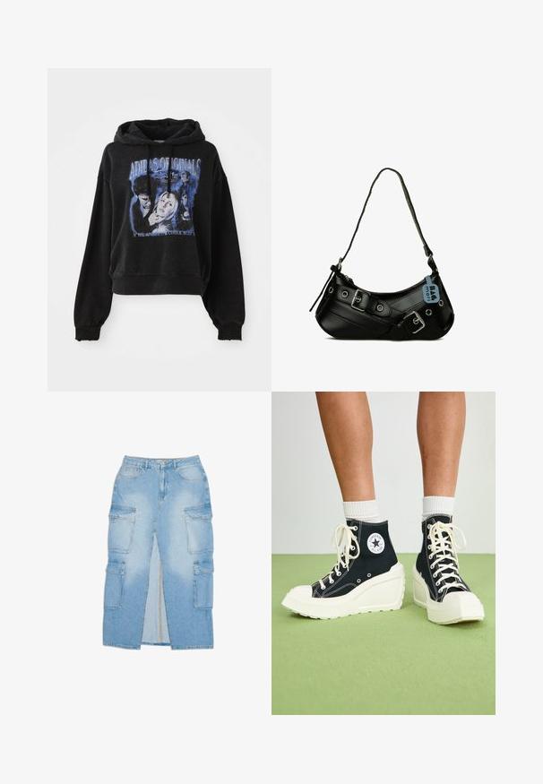 Sort cropped hoodie lavet af bomuld med snøre i hætten. Har et grafisk print i blå, der viser tegn og tekst.; Lysblå denim cargo-nederdel med en central slids, to sidelommer og to store påsyede lommer på hver side, der har lynlås- og knaplukning.; Sorte højtop sneakers med en hævet hvid platform sål, der har hvide snørebånd og en rund logo lap på siden. Tekstureret canvas materiale.; Sort syntetisk håndtaske med en buet form, justerbar rem og dekorative metalspænder. Har en glat, blank tekstur.