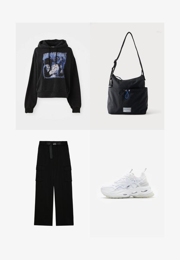 Sort cropped hoodie lavet af bomuld med snøre i hætten. Har et grafisk print i blå, der viser tegn og tekst.; Sorte cargo bukser med vidde ben, elastisk talje med bælte og to store sidelommer til opbevaring.; Hvide sneakers med en kraftig sål, lagdelt mesh og syntetisk overdel, med mønstrede detaljer, snøresystem og hæl-dragtag.; Sort stoff skuldertaske med justerbar rem, forlommer med blå snor og lille rektangulært logo patch nederst.