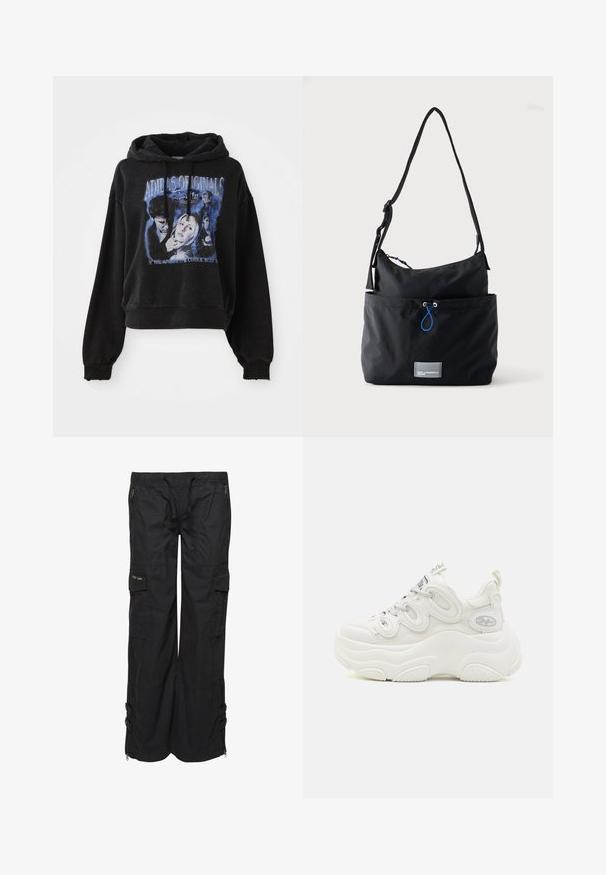 Zwarte cropped hoodie van katoen met een capuchon en een trekkoord. Heeft een grafische print in het blauw, met afbeeldingen van personages en tekst.; Zwarte cargobroek van lichtgewicht stof. Voorzien van elastische tailleband, meerdere zakken en ritsen aan de onderkant. Textuurafwerking.; Witte chunky sneakers met een bovenwerk van mesh en synthetisch materiaal, een gebogen vorm, een gestructureerde zool en een opvallend vetersysteem met logo-details.; Zwarte stoffen schoudertas met verstelbare band, voorvak met blauwe trekkoord en kleine rechthoekige logopatch aan de onderkant.