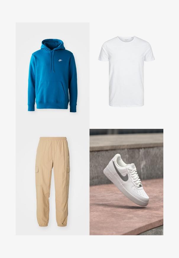 Blauer Nike-Hoodie mit Fronttasche und Kordelzügen, mit einem kleinen weißen Nike-Logo auf der linken Brust.; Rundhals-T-Shirt mit kurzen Ärmeln in reinem Weiß, aus weicher Baumwolle, mit einem schlichten Design ohne sichtbare Muster oder Akzente.; Beige Cargo-Hosen aus leichtem Stoff, mit einem elastischen Bund, zwei Seitentaschen und elastischen Bündchen an den Knöcheln.; Weißer Nike Air Force 1 Sneaker mit grauem Swoosh-Logo, der über einer Steinoberfläche und einem grauen Steinwandhintergrund schwebt.