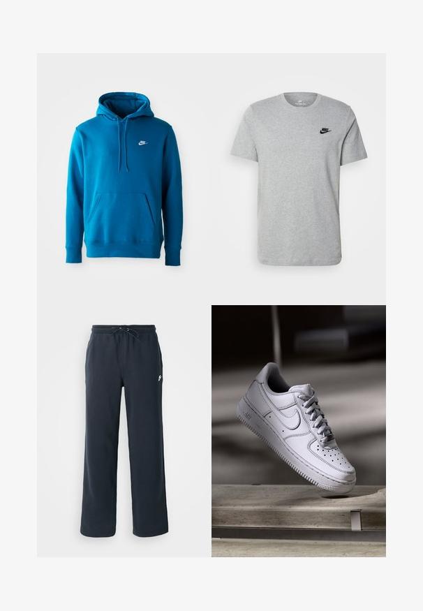 Blå Nike hættetrøje med forhåndslomme og snoretræk, prydet med et lille hvidt Nike-logo på venstre bryst.; Grå kortærmet T-shirt i bomuld med et sort Nike-logo på brystet og rund halsudskæring. Minimalistisk design uden mønstre.; Mørkeblå sweatpants med elastisk talje og snoretræk. Lavet af blødt stof og med et lille hvidt logo på venstre hofte.; Hvid læder Nike Air Force 1 sneaker med perforeret tå, flade snørebånd og tekstureret gummisål med "AIR" branding på siden.