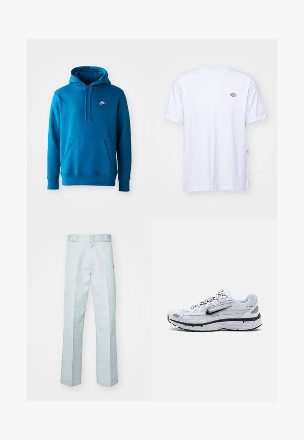 Μπλε φούτερ Nike με μπροστινή τσέπη και κορδόνια, που διαθέτει ένα μικρό λευκό λογότυπο Nike στο αριστερό στήθος.; Λευκό βαμβακερό μπλουζάκι με V-λαιμό και κοντά μανίκια. Διαθέτει ένα μικρό πολύχρωμο κεντημένο λογότυπο στο αριστερό στήθος. Μαλακή υφή.; Ανοιχτό μπλε βαμβακερό παντελόνι με ίσια γραμμή, με διακριτές πτυχές και λεία υφή, ολοκληρωμένο με κανονική μέση.; Λευκά αθλητικά παπούτσια με επάνω μέρος από διχτυωτό υλικό, στρογγυλή μύτη, μαύρες λεπτομέρειες και μοτίβο στη σόλα. Διαθέτει κορδόνια και σήμα στο πλάι.