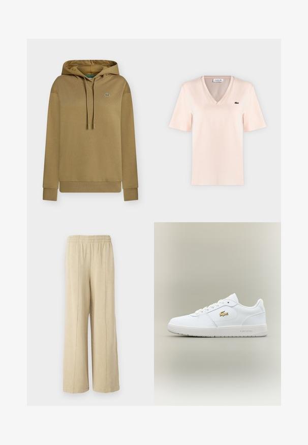 Sweat à capuche beige avec cordons, poignets et ourlet côtelés, et petit logo crocodile vert sur la poitrine gauche.; T-shirt Lacoste rose clair à manches courtes, col en V, avec petit logo crocodile vert sur le côté gauche de la poitrine.; Pantalons larges beiges avec une taille élastique et des coutures latérales visibles. Fabriqués en tissu doux avec une texture lisse.; Baskets en cuir blanc avec un design basse, bout arrondi, fermeture à lacets et un accent du logo doré Lacoste sur le côté.
