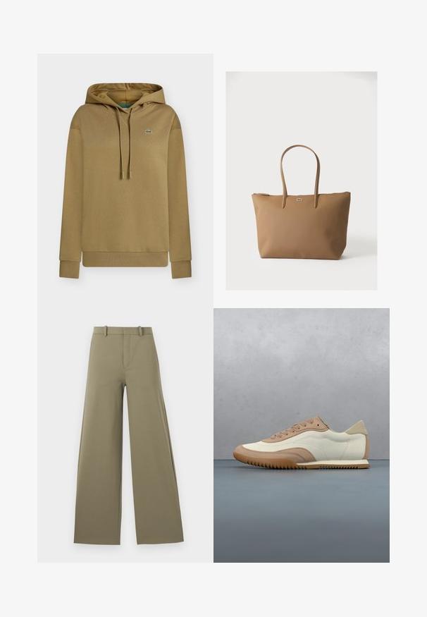 Sweat à capuche beige avec cordons, poignets et ourlet côtelés, et petit logo crocodile vert sur la poitrine gauche.; Pantalons larges en vert olive clair avec une texture lisse, dotés d'une fermeture éclair sur le devant, de passants de ceinture et de deux poches latérales.; Baskets crème et beige avec une tige texturée, des lacets et une semelle en caoutchouc, présentées au-dessus d'une surface en bois avec des cailloux.; Sac fourre-tout beige avec deux poignées et un petit emblème logo argenté, sur un fond blanc uni.