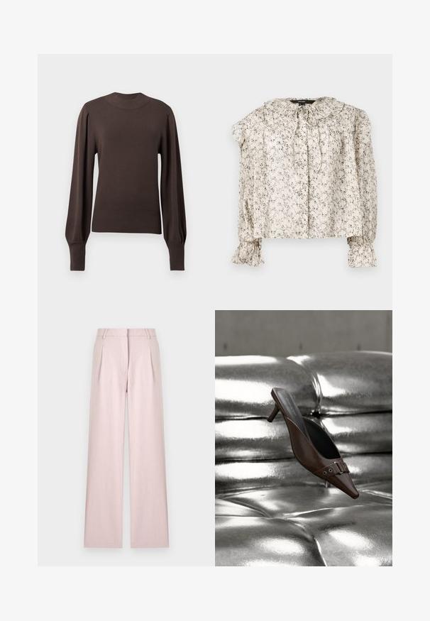 Pull en maille marron avec un col montant, de longues manches bouffantes et des poignets côtelés. Texture lisse avec une silhouette ajustée.; Blouse légère en crème avec un petit imprimé floral. Présente un col volé, un détail à nouer et des manches froncées avec des poignets évasés. Cinq boutons.; Pantalon large rose clair avec plis à l'avant, passants de ceinture et fermeture dissimulée à l'avant, présenté sur un fond uni.; Mule à talon brun à bout pointu avec détail boucle flottant au-dessus d'une surface en cuir argenté capitonnée brillante.
