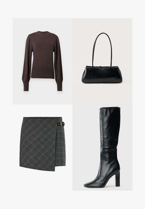 Brun strikket sweater med høj halsudskæring, lange puffede ærmer og ribbede manchetter. Glat tekstur med en tætsiddende silhuet.; Mørkegrå ternet uld wrap nederdel med sort spænde detalje på højre side, lige kant og subtil diagonalt mønster.; Sorte læderknæhøje støvler med et elegant design, spids tå og firkantet høj hæl, der har en glat overflade og syet kant øverst.; Sort rektangulær skuldertaske med lange tynde stropper og en glat, blank tekstur på en ensfarvet baggrund.