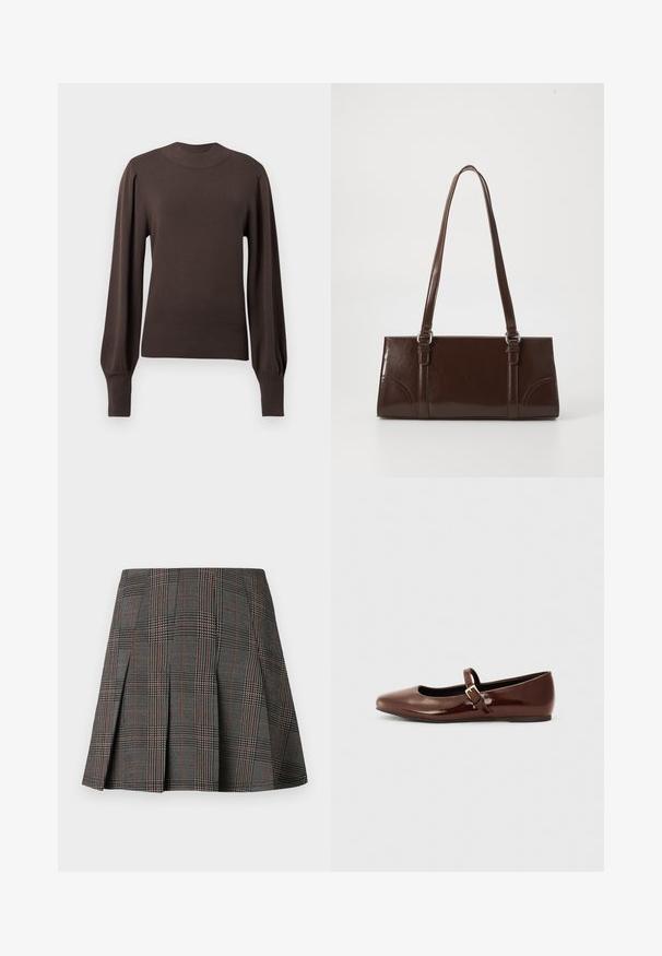 Brun strikket sweater med høj halsudskæring, lange puffede ærmer og ribbede manchetter. Glat tekstur med en tætsiddende silhuet.; Gråternet nederdel med plisseringer, prydet med intrikate mønstre i sort og hvid, akkompagneret af tynde røde linjer. Fremstillet af et struktureret stof.; Brun patentlæder balletflade med firkantet tå og strop med en lille guldbuckle. Glat tekstur, lav hæl og minimalistisk design.; Brun lakeret håndtaske med rektangulær form, to lange håndtag og subtile buede detaljer på fronten.