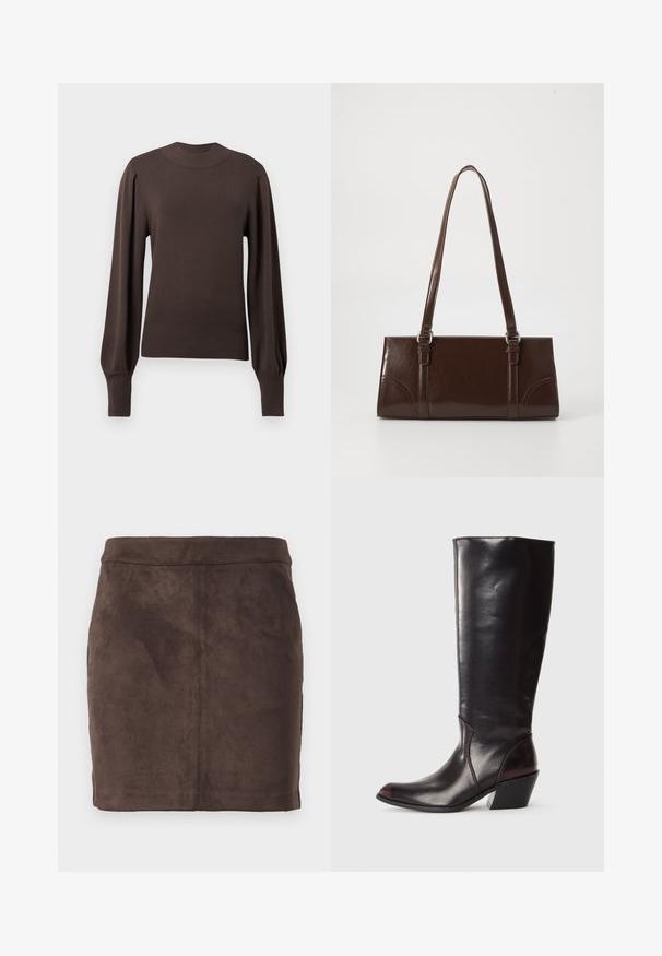 Brun strikket sweater med høj halsudskæring, lange puffede ærmer og ribbede manchetter. Glat tekstur med en tætsiddende silhuet.; Brun ruskind mini-nederdel med en glat tekstur, tætsiddende design og en flad talje, der har lodrette sømme for struktur.; Knæhøj, mørkebrun læderstøvle med spids tå, vinkelret blokhæl og en glat, blank overflade. Har et enkelt design og syningsdetaljer.; Brun lakeret håndtaske med rektangulær form, to lange håndtag og subtile buede detaljer på fronten.