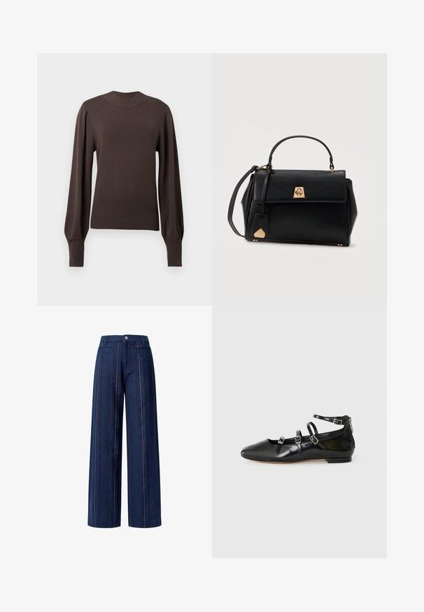 Brun strikket sweater med høj halsudskæring, lange puffede ærmer og ribbede manchetter. Glat tekstur med en tætsiddende silhuet.; Bredde denimbukser i mørkeblå med lodrette striber i rød og hvid. Designet med en frontknap og hofte-lommer.; ALDO NELTA - Ballerinasko - black; Sort læderhåndtaske med top-håndtag, klaplukning med guldtonet spænde og aftagelig skulderrem mod hvid baggrund.