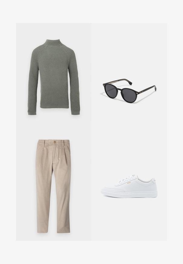 Ribbet striktrøje i lysegrøn med høj krave, lange ærmer og tætsiddende design. Teksturen er blød og let strækbar.; Beige kordfløjspants med elastisk talje, knaplukning og plisseelementer, har et lige ben-design og struktureret stof.; Hvide lædersneakers med glat tekstur, rund tå og ton-i-ton syning. Har blå snørebånd og et gult logo på siden.; BOSS Solbriller - black