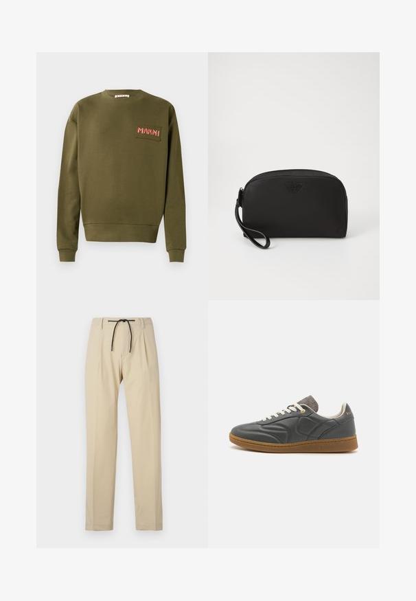 Sweatshirt vert olive en coton, avec un col rond, des poignets côtelés et un patch brodé portant "MARNI" en rouge.; Pantalon beige à coupe droite, avec une taille à cordon de serrage, un devant plissé et une texture lisse. Design simple et polyvalent.; Baskets en cuir gris foncé avec un bout arrondi, lacets blancs, semelle en caoutchouc beige et légers accents en tissu gris au niveau du col. Détail du logo doré.; Pochette cosmétique noire en matériau lisse, de forme arrondie, dotée d'une fermeture à zip, d'une poignée pour le poignet et d'un logo embossé à l'avant.
