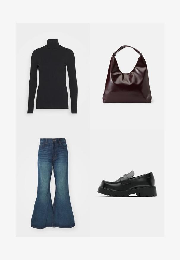 Pull noir à col roulé côtelé, doté de longues manches et d'une silhouette près du corps. La texture est lisse avec un motif de côtes horizontal.; Jean en denim évasé de bleu moyen, présentant une taille haute, un design à cinq poches et des coutures contrastées. Texture lisse avec un léger délavage.; Mocassins en cuir noir avec une semelle épaisse et texturée, dotés d'une sangle sur le vamp et d'une finition lisse et polie.; Sac en cuir vegan bordeaux, brillant, avec une forme douce et sculpturale et une large poignée incurvée pour un transport facile.