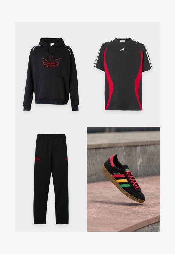 Sort hættetrøje med en forlommekanguru, der har et tre-bladet logo med rød omrids og hvide accentsømme på skuldrene.; Sort kortærmet T-shirt med røde sideakcenter, hvid Adidas-logo på brystet og hvide skulderstriber. Fremstillet af et glat stof.; Sorte atletikbukser med elastisk linning, grønne sidelister og rødt broderet logo på begge sider. Glat, letvægtsmateriale.; Sort Adidas Spezial-sneaker med røde, gule og grønne striber, røde snørebånd, gummisål og rødt hældetalje, vist svævende over fortovet.