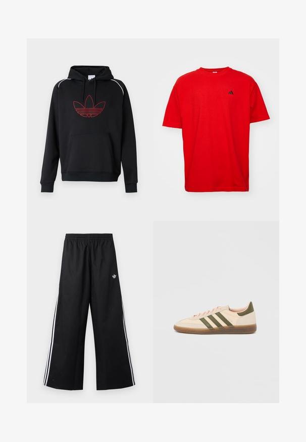 Sort hættetrøje med en forlommekanguru, der har et tre-bladet logo med rød omrids og hvide accentsømme på skuldrene.; Rød bomulds T-shirt med korte ærmer og rund hals. Har et lille sort logo på venstre bryst og en lige kant.; Svarte vidde træningsbukser med elastisk talje, hvide sidelommer og lille Adidas trefoil-logo på højre hofte.; Beige Adidas Spezial sneaker med lav profil, grønne striber, gummisål og "SPEZIAL"-branding på siden, vist fra ydersiden.
