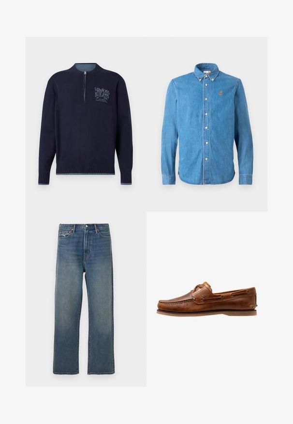 Marineblauwe langemouwen pullover met kwartrits, geribde manchetten en zoom, en een lichtblauw 'Replay Blue Jeans'-logo op de linkerborst.; Lichtblauw denim overhemd met lange mouwen, met een button-down kraag en witte knopen. Voorzien van een klein, oranje boomlogo op de linkerkant van de borst.; Blauwe recht gesneden denim jeans met lichte vervaging, vijf zakken, riemlussen en een sluiting met een knop aan de voorkant.; Brown leren botenschoen met gestikte accenten, voorzien van metalen oogjes, een verhoogde naad op de neus en een platte rubberen zool.