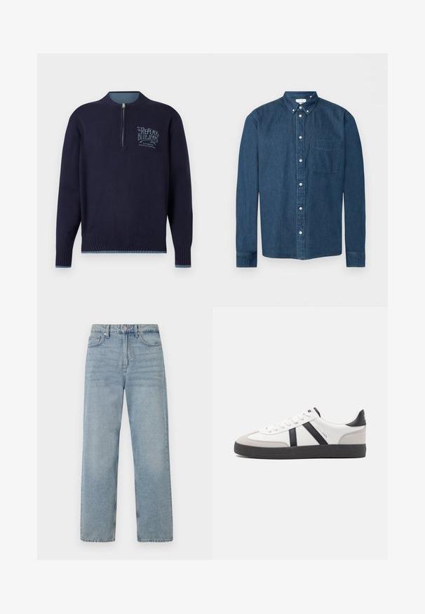 Tmavomodrý pulóver s dlhým rukávom a štvrťzipsom, rebrované manžety a lem, a svetlomodré logo "Replay Blue Jeans" na ľavej hrudi.; Tmavomodrá rifľová košeľa na gombíky s dlhými rukávmi, predným vreckom na ľavej strane a gombíkovým golierom, zobrazená na bielom pozadí.; Svetlo modré deninové džínsy s vysokým pásom, rovnými nohavicami, päť vreckami a jemným vyblednutím pre obnošený efekt.; Biele tenisky s čiernymi a šedými akcentmi, s textúrovanou šedou špičkou, čiernou gumovou podrážkou a plochými bielymi šnúrkami. Čistý dizajn, minimalistický štýl.