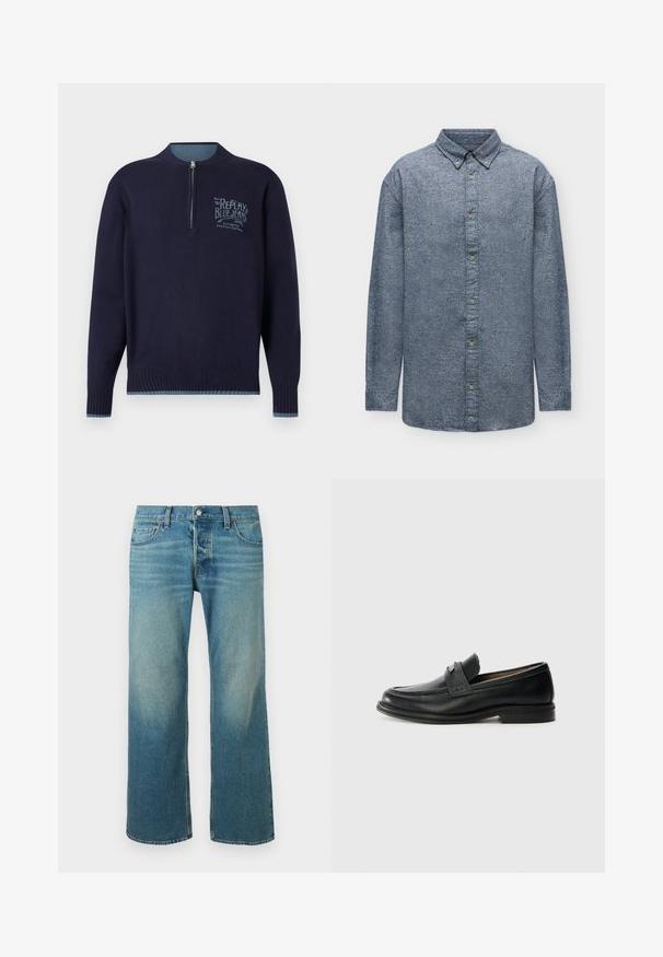 Sudadera de manga larga azul marino con cremallera de cuarto, puños y dobladillo acanalados, y logotipo azul claro "Replay Blue Jeans" en el lado izquierdo del pecho.; Camisa de manga larga con botones y cuello, hecha de tela gris texturizada, mostrada plana sobre un fondo blanco.; Jeans de mezclilla azul claro con un ajuste relajado, piernas anchas y un ligero desgastado. Incluye un diseño clásico de cinco bolsillos y detalles de remaches metálicos.; Mocasines de cuero negro con un acabado suave, que presentan una banda superior texturizada, tacón bajo y detalles de costura mínimos.