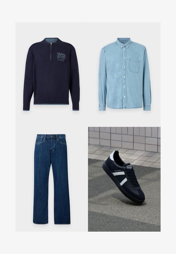 Tmavomodrý pulóver s dlhým rukávom a štvrťzipsom, rebrované manžety a lem, a svetlomodré logo "Replay Blue Jeans" na ľavej hrudi.; Svetlomodrá rifľová košeľa s dlhými rukávmi, golierom na zapínanie na gombíky, náprsným vreckom a bielymi gombíkmi vpredu i na manžetách.; Tmavomodré džínsy, rovný strih, stredne vysoký pás, klasický päťvreckový štýl a mierne vyblednutie, so zapínaním na kovový gombík.; Čierne kožené tenisky s bielymi pruhmi, textúrovanou gumovou podrážkou a šnurovaním vpredu. Obsahujú označenie značky na jazyku.