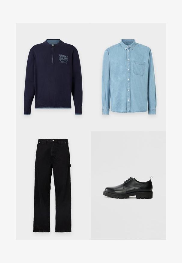 Tumesinise pika varrukaga pullover, millel on veerandist tõmba, soonikkoes mansetid ja äär, ning helesinine "Replay Blue Jeans" logo vasakul rinnal.; Helehall sinine teksariidest pikkade varrukatega triiksärk, millel on nööbitav krae, ees rindtasku ning keskel ja varrukakäänistel valged nupud.; Mustad teksapüksid sirge lõikega, millel on nööp- ja tõmblukuga sulepea, küljetaskud ja peened tekstuurimuutused.; Mustad musta nahast king, millel on ümar varvas, nööbiga disain, tugev must kummitald ja väike kand tõmbetabaldil taga.