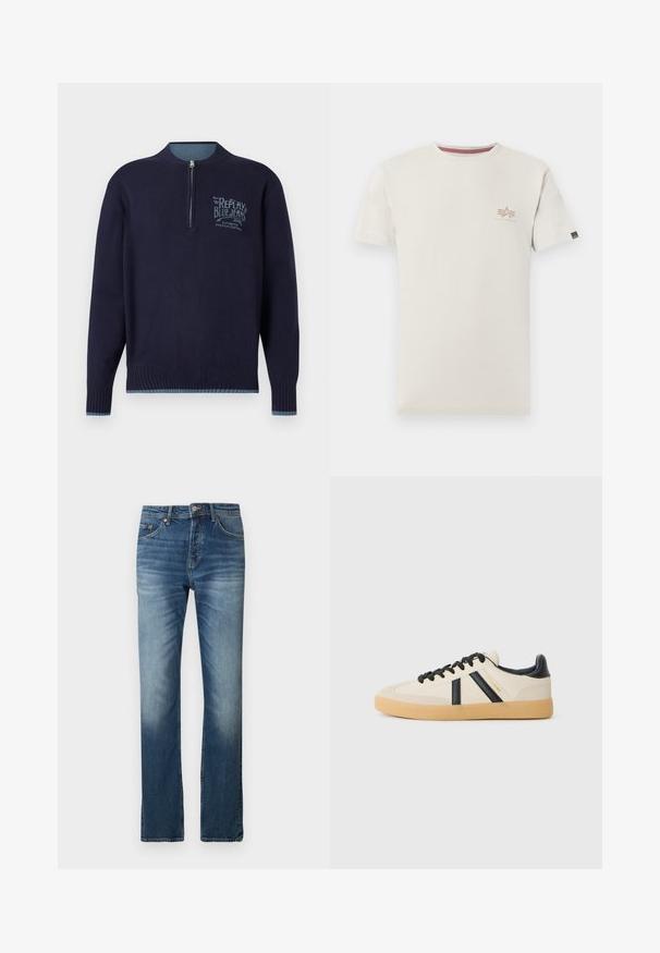 Sudadera de manga larga azul marino con cremallera de cuarto, puños y dobladillo acanalados, y logotipo azul claro "Replay Blue Jeans" en el lado izquierdo del pecho.; Camiseta beige de manga corta con pequeño logo de Alpha Industries en el pecho izquierdo y una pequeña etiqueta negra en la manga izquierda.; Jeans de mezclilla azules con corte recto. Presentan un ligero desgaste, diseño de cinco bolsillos y un cierre de botón en la cintura.; Zapatillas casuales en crema con rayas negras, con parte superior texturizada y suela de goma. Los cordones son negros. Logo sutil en el costado.