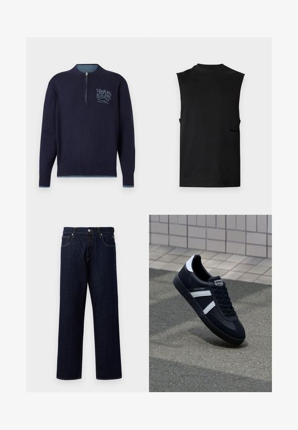 Sudadera de manga larga azul marino con cremallera de cuarto, puños y dobladillo acanalados, y logotipo azul claro "Replay Blue Jeans" en el lado izquierdo del pecho.; Camiseta negra sin mangas tipo muscle con escote redondo alto, dobladillo recto y logo sutil en la parte inferior lateral.; Vaqueros de mezclilla azul oscuro con un ajuste relajado de pierna recta, diseño de cinco bolsillos y costuras amarillas en contraste. Sin logotipos ni patrones visibles.; Zapatilla de cuero negra con rayas blancas, suela de goma texturizada y parte frontal con cordones. Cuenta con una etiqueta de marca en la lengüeta.