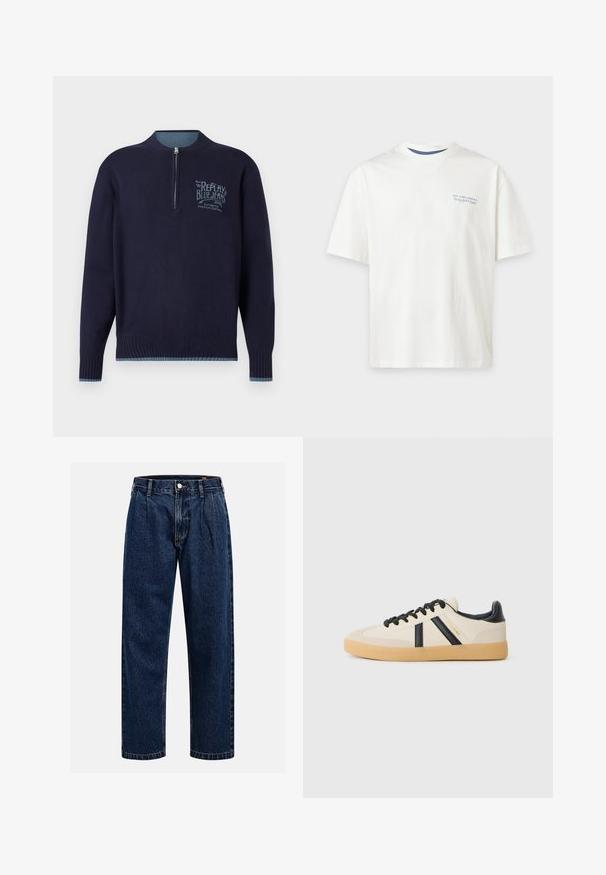 Marineblå langærmet sweater med kvart lynlås, ribbede manchetter og kant, samt lyseblå "Replay Blue Jeans" logo på venstre bryst.; Hvid T-shirt med korte ærmer med lille blåt "Pepe Jeans London" logo og tekst på venstre brystområde, ensfarvet baggrund.; Mørkeblå denimjeans med lige ben-design. Har synlige syninger, en knaplukning og frontfoldninger for ekstra detalje.; Casual sneakers i creme med sorte striber, med en tekstureret overdel og sål i gummigummi. Snørebåndene er sorte. Diskret logo på siden.
