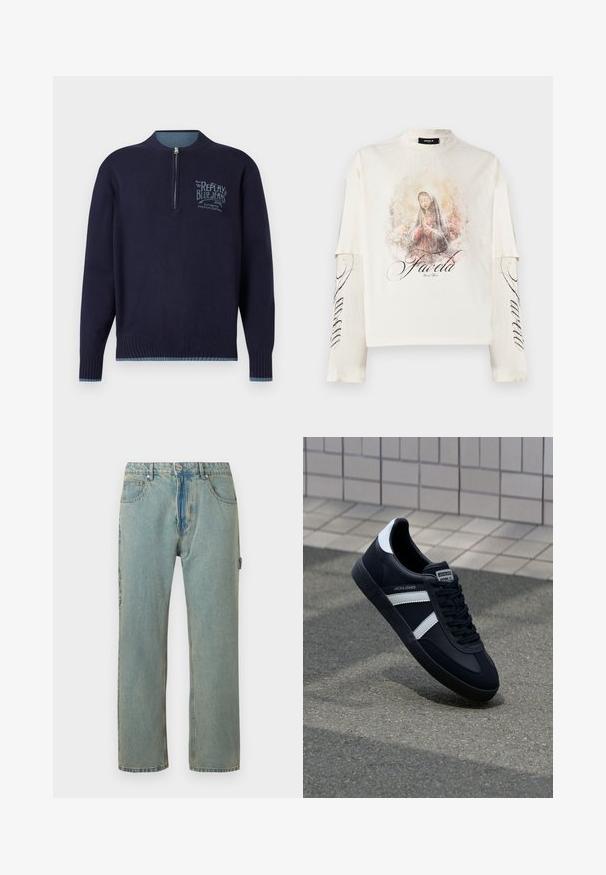 Marineblå langærmet sweater med kvart lynlås, ribbede manchetter og kant, samt lyseblå "Replay Blue Jeans" logo på venstre bryst.; Hvid langærmet skjorte med lagde ærmer, med illustration af en bedende kvinde og teksten "Favela" på fronten og ærmet.; Lys blå, løstsiddende denimjeans med fem lommer, knaplukning og synlige syninger. Stoffet har et falmet, tekstureret udseende.; Sort lædersneaker med hvide striber, tekstureret gummisål og snørrebånd foran. Har et brandet mærke på tungen.