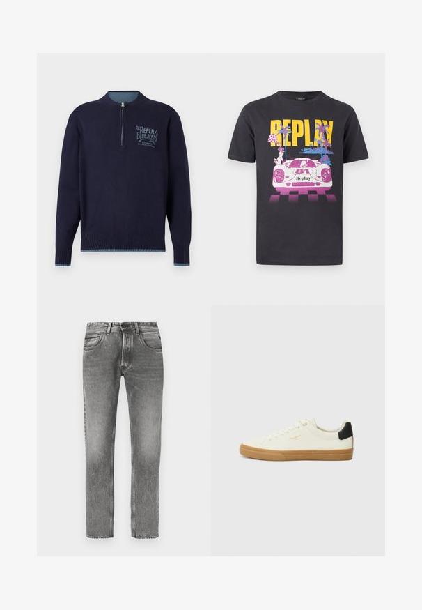 Pull-over à manches longues bleu marine avec fermeture éclair quart, bords-côtes aux poignets et à l'ourlet, et logo "Replay Blue Jeans" bleu clair sur la poitrine gauche.; T-shirt noir avec inscription jaune "REPLAY" au-dessus d'une voiture de course rose et blanche numérotée 81, palmiers et motif de drapeau à damier.; Jean en denim gris avec une coupe droite, finition délavée, cinq poches, passants pour ceinture et détails de couture contrastants.; Sneaker en toile blanche avec une semelle en gomme, accent au talon noir, bout rond et design à lacets. Présente le logo de la marque en doré sur le côté.