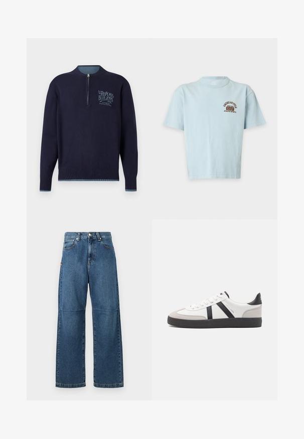 Pull-over à manches longues bleu marine avec fermeture éclair quart, bords-côtes aux poignets et à l'ourlet, et logo "Replay Blue Jeans" bleu clair sur la poitrine gauche.; T-shirt bleu clair à manches courtes avec logo "American Style GAP New York Athletic Sports" marron sur le haut de la poitrine gauche. Aucun objet en arrière-plan.; Jeans en denim bleu avec une coupe relaxée, des jambes droites, des coutures visibles et une fermeture à bouton à l'avant. Comprend une poche latérale avec un accent.; Baskets blanches avec des accents noirs et gris, présentant un embout texturé gris, une semelle en caoutchouc noir et des lacets plats blancs. Design épuré, style minimaliste.