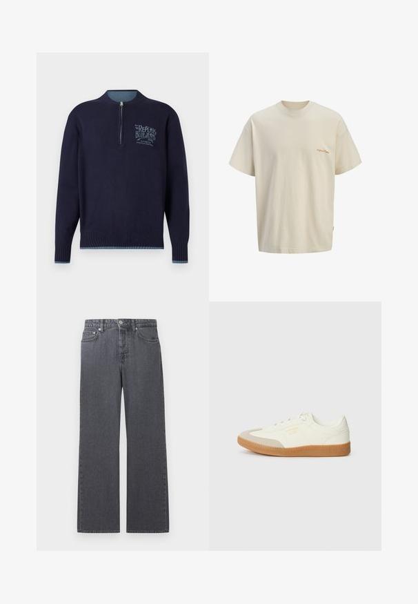 Marineblauwe langemouwen pullover met kwartrits, geribde manchetten en zoom, en een lichtblauw 'Replay Blue Jeans'-logo op de linkerborst.; Crèmekleurig katoenen T-shirt met korte mouwen en een kleine oranje tekst "original © 1990" op de linkerborst.; Donkere grijze denim jeans met rechte pijpen en hoge taille, voorzien van knopen aan de voorkant, rits en een ontwerp met vijf zakken, afgebeeld tegen een witte achtergrond.; Schoen gemaakt van wit leer met een beige teenkap en een lichtbruine rubberen zool. Voorzien van platte witte veters en reliëfbranding aan de zijkant.