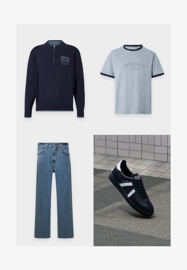 Sudadera de manga larga azul marino con cremallera de cuarto, puños y dobladillo acanalados, y logotipo azul claro "Replay Blue Jeans" en el lado izquierdo del pecho.; Camiseta de algodón azul claro con cuello y mangas de canalé azul marino. Presenta texto en relieve "ORIGINALS" y "CONTEMPORARY AESTHETICS" en un diseño sutil.; Jeans de mezclilla rectos azules con cinco bolsillos, pasadores para cinturón y cierre de botón, exhibidos sobre un fondo blanco.; Zapatilla de cuero negra con rayas blancas, suela de goma texturizada y parte frontal con cordones. Cuenta con una etiqueta de marca en la lengüeta.