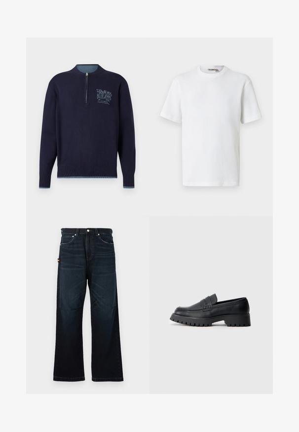 Sudadera de manga larga azul marino con cremallera de cuarto, puños y dobladillo acanalados, y logotipo azul claro "Replay Blue Jeans" en el lado izquierdo del pecho.; Camiseta blanca de manga corta con cuello redondo y tejido de waffle, con una pequeña etiqueta de la marca en el interior del cuello, mostrada sobre un fondo liso.; Vaqueros rectos de color azul oscuro con diseño clásico de cinco bolsillos, trabillas para el cinturón y sutiles detalles desgastados en la parte frontal y las rodillas.; Mocasines de cuero negro con punta redondeada, que presentan una correa decorativa y una suela de goma gruesa con surcos profundos para mayor tracción.