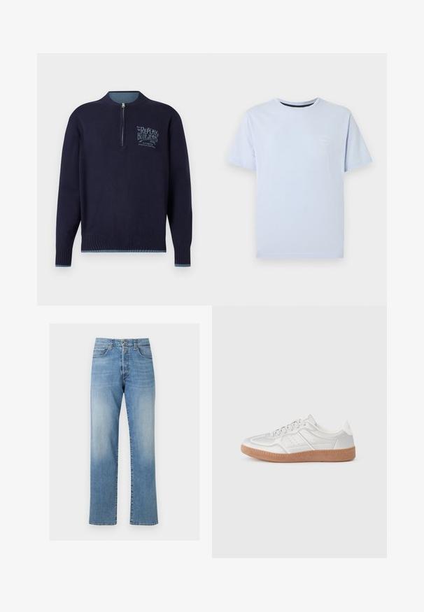 Marineblå langærmet sweater med kvart lynlås, ribbede manchetter og kant, samt lyseblå "Replay Blue Jeans" logo på venstre bryst.; Lyseblå T-shirt med korte ærmer og rund hals, med en lille hvid logo på venstre bryst, vist mod en ensfarvet hvid baggrund.; Lyseblå straight-leg jeans med høj talje, frontknap- og lynlåslukning samt fem-lomme-stil.; Sølv sneakers med en glat overflade, snørebånd, perforerede detaljer og en struktureret brun gummi sål.