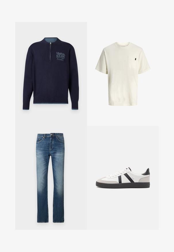 Marineblå langærmet sweater med kvart lynlås, ribbede manchetter og kant, samt lyseblå "Replay Blue Jeans" logo på venstre bryst.; Hvid bomuld t-shirt med korte ærmer, rund hals, brystlomme foran og et lille mærke i siden. Glat tekstur og afslappet pasform.; Blå denim jeans med lige ben. Har let falming, fem-lomme design og en knaplukning i taljen.; Hvide sneakers med sorte og grå detaljer, med en tekstureret grå tåhætte, sort gummisål og flade hvide snørebånd. Rent design, minimalistisk stil.