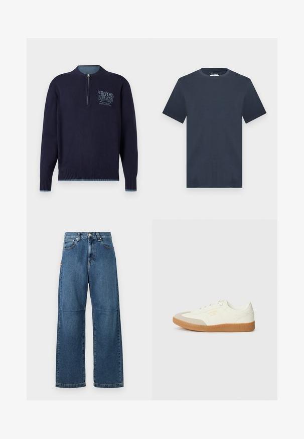 Tmavomodrý pulóver s dlhým rukávom a štvrťzipsom, rebrované manžety a lem, a svetlomodré logo "Replay Blue Jeans" na ľavej hrudi.; Tmavomodré tričko s krátkym rukávom a okrúhlym výstrihom, v pohodlnom strihu, zobrazené na svetlosivom pozadí.; Modré denimové džínsy s voľným strihom, rovnými nohavicami, viditeľným švom a predným zapínaním na gombík. Obsahujú bočnú kapsu s akcentom.; Tenisky vyrobené z bielej kože s béžovou špičkou a svetlohnedou gumovou podrážkou. Majú ploché biele šnúrky a embosované logo na boku.