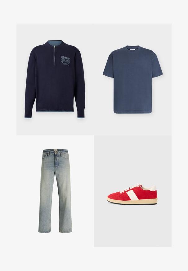 Marineblauwe langemouwen pullover met kwartrits, geribde manchetten en zoom, en een lichtblauw 'Replay Blue Jeans'-logo op de linkerborst.; Effen marineblauw T-shirt met korte mouwen en ronde hals, eenvoudig ontwerp, zichtbare stiksels op de mouwen en zoom, plat gelegd op een lichte achtergrond.; Lichtblauwe denim jeans met een rechte pijp, hoge taille en subtiele vervaging. Voorzien van vijf zakken en een traditionele knoopsluiting.; Rode suède sneakers met een witte leren streep, vetersluiting aan de voorkant, ronde neus, beige tussenzool en zwarte rubberen buitenzool.
