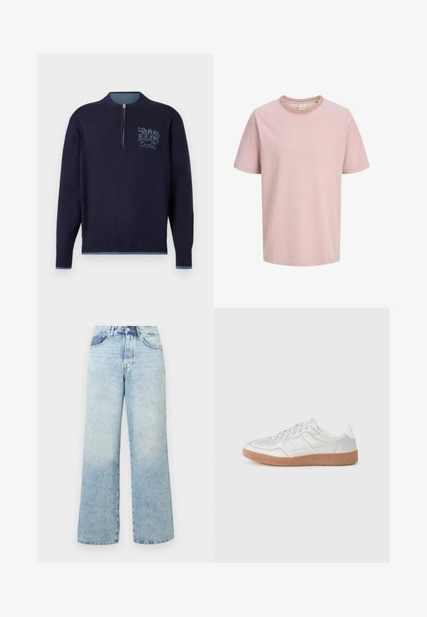 Tumesinise pika varrukaga pullover, millel on veerandist tõmba, soonikkoes mansetid ja äär, ning helesinine "Replay Blue Jeans" logo vasakul rinnal.; Hele roosa lühikeste varrukatega ümmarguse kaelusega T-särk, millel on väike valge logo vasakul rinnal ja lihtne, ühtlane disain.; Hele sinised kõrge vöökohaga teksapüksid, millel on nööp- ja tõmblukukinnitus, esitaskud ja lai sääre lõige.; Hõbedased tennised, millel on sile tekstuur, nööridega disain, perforatsioonidega aktsendid ning kootud pruun kummitald.